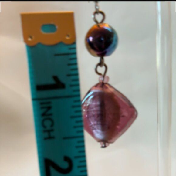 Earrings - dangling iridescent ball with purple square bead. - Picture 4 of 4